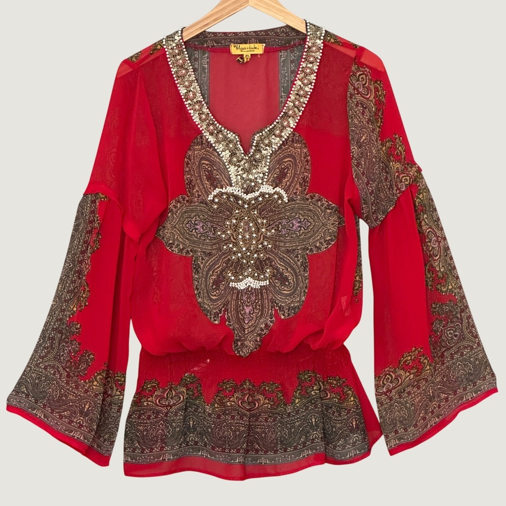 VTG Boho Hippie Womens Top M Red Chiffon Paisley Smocked Beaded Gypsy Festival